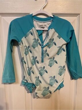 Caden Lane Teal Turtle Long-Sleeve Kids One-Piece Rash Guard Swimsuit